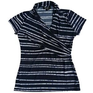 DKNY top L blue white stripe faux wrap V-neck Cap sleeve normcore casual blouse